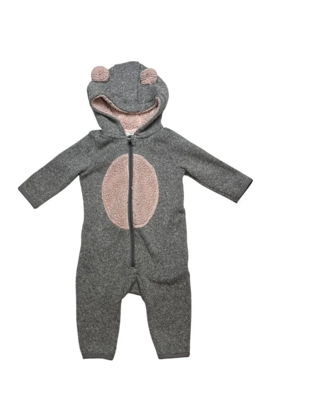 Old Navy Baby Bear Critter Hooded Fleece Zip-Up Bodysuit 6-12 Months Gray & Pink